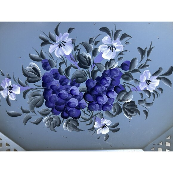 Vintage Blue Metal Nashco Tole Ware Tray Gold Trim Purple Flowers Hand Painted - Picture 2 of 10